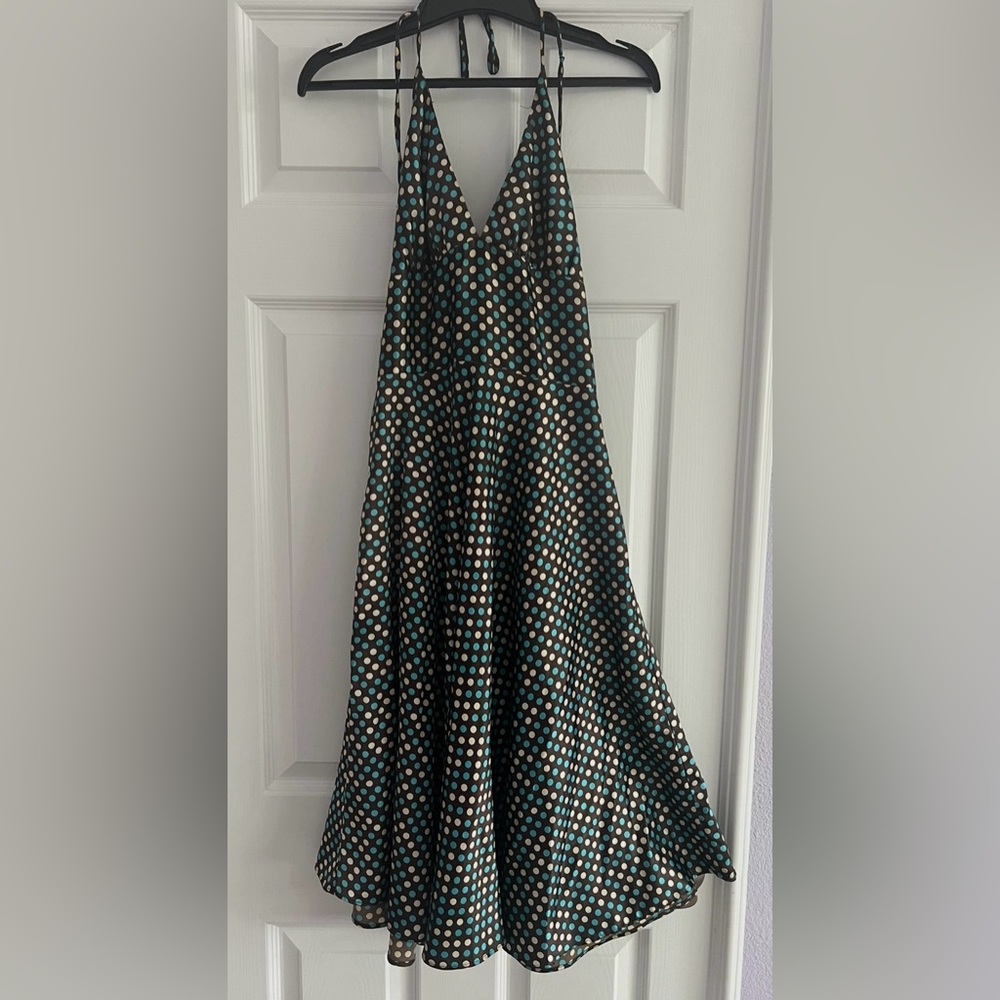 Silky Polka Dot Halter Dress in Teal, Brown and Cream - Small